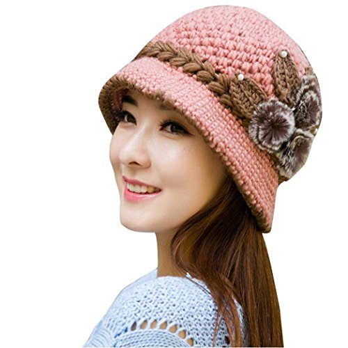 Winter Hat, ღ Ninasill ღ Exclusive Warm Crochet Knitted Flowers Decorated Ears Hats Caps (Pink)