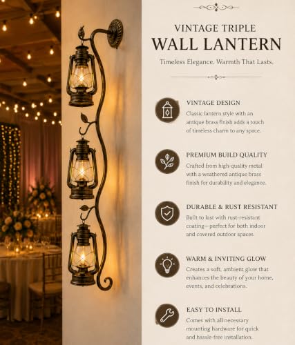 Image of Long Vintage Triple Lantern Wall Light | Antique Brass Decorative Wall Sconce | Rustic Hanging Lantern Wall Lamp | Cafe, Hotel, Farmhouse & Vintage Home Decor with Filament Bulb