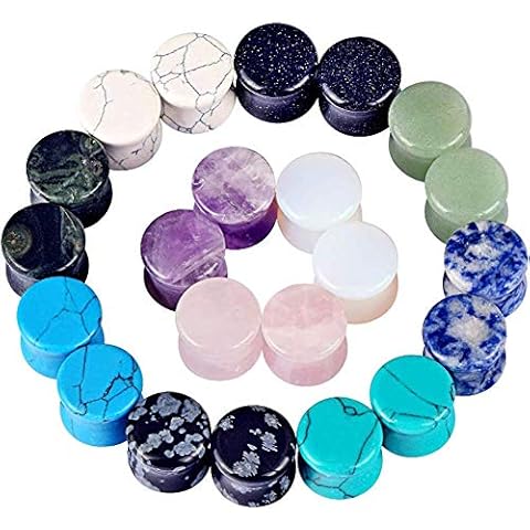 Longbeauty Set of 22 Natural Stone Flesh Tunnel Ear Plugs, 6 mm - 16 mm, Piercing Jewellery, Stone Cover
