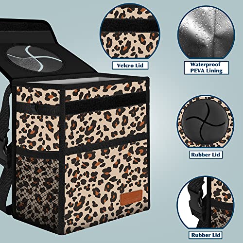 Image of Car Trash Can with Lid Leak Proof Garbage Waterproof Bag for SUV Front Seat Multipurpose Hanging Headrest Collapsible and Portable Storage Mesh Pocket, Leopard Print