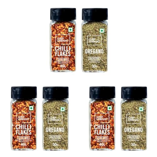 Image of Chef Urbano Combo of Oregano 30g & Chilli flakes 40g Sprinkler | Combo (Pack of 6) | Italian Herbs | Pizza and Pasta Seasoning | Premium Herbs and Spices | Flakes /Leaves | Glass Bottle Sprinkler