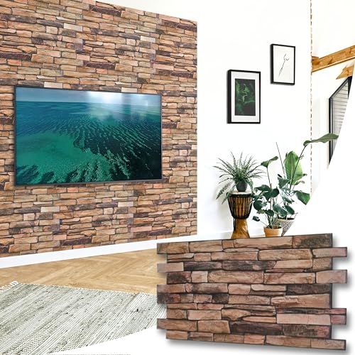 Paneles Decorativos para Pared 3D con Adhesivo Incluido - 4 Hojas Cubriendo 1,84 m² | 19,84 sqft - Paneles Decorativos de PVC- 96 cm x 48 cm | 37,80 x 18,90 in -Beige y Negro, Efecto Piedra Marrón 3D
