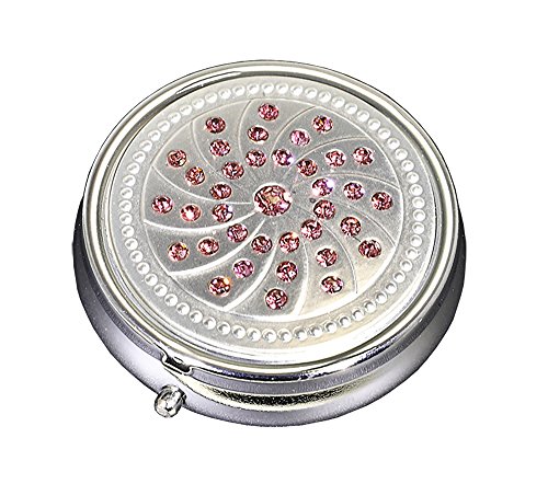 Sparkling Pink Gemstones Silver Pill Box – Round 3-Compartment Metal Pill Organizer, Compact 2-Inch Travel Pill Case for Purse or Pocket