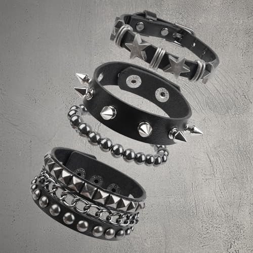 4 Pcs Punk Rock Studded Bracelet Set Leather Cuff Bracelets for Men Women 80s Emo Goth Accessories4
