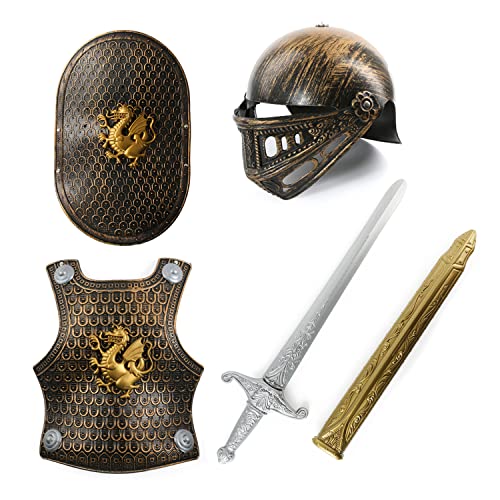 Childs Armour - Juego de accesorios de disfraz medieval para niños, casco de caballeros de bronce, placa de pecho, escudo y espada en vaina