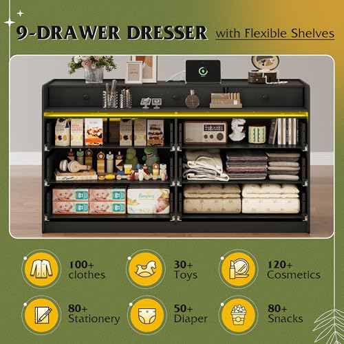 WLIVE 9 Drawer Led Dresser for Bedroom, 58.35'' Black Wood Dresser Storage Organizer with Power Outlets for 65'' TV, Dressers with Open Shelves, Chest of Drawers for Closet, Living Room