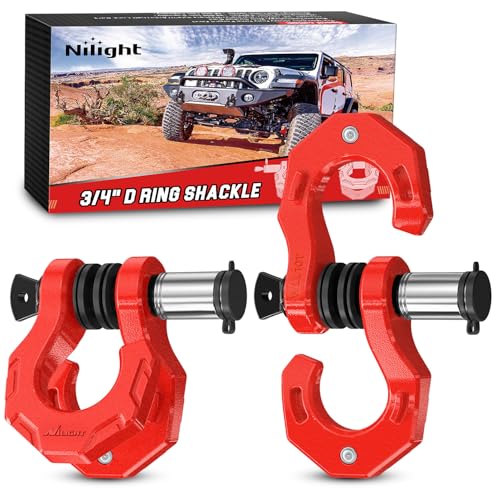 Image of Nilight 2 Pack 3 /4 inch D-Ring Separate Shackle with 7 /8 inch Lock Pin 45,000 lbs Break Strength, Off Road Recovery Shackle with Isolators Washers for Use with Tow Strap, Winch, Truck Vehicle (Red)