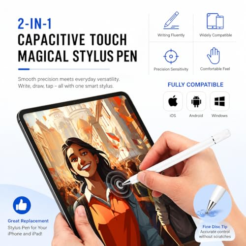 Image of MIZI Universal Capacitive Stylus Pen for Touch Screens - Fine Point Disc Tip, Magnetic Cap, Lightweight Aluminum Body, High Precision for iPad, iPhone, Android, Tablet & All Devices - White