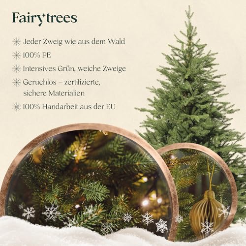 FAIRYTREES Weihnachtsbaum künstlich 180cm Nordmanntanne Exklusiv 100% PE | Tannenbaum Holzständer | Made in EU | Christbaum künstlich mit Naturgetreue Spritzguss Elemente