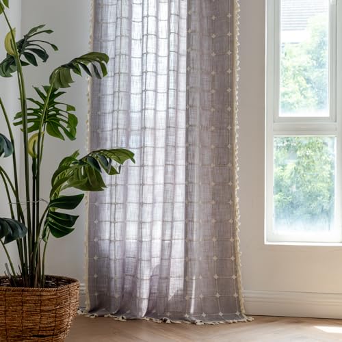 Colorigan 2 Panel Cotton Linen Boho Curtains 84 Inches Long For Living Room Bedroom, Kitchen, Plaids Lattice Embroidered Semi Blackout Bohemian Farmhouse Window Treatment Grids Drape Tassels,Gray cover