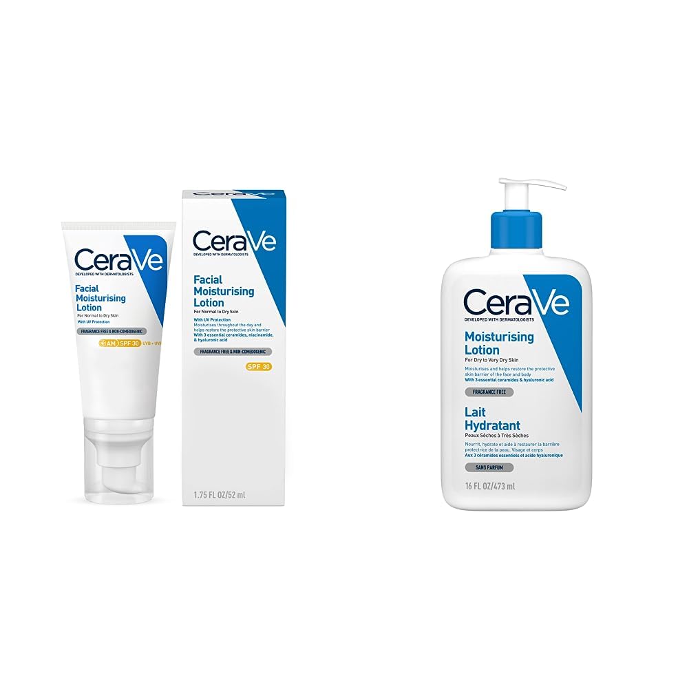 CeraVeAM Facial Moisturising Lotion SPF30 with Ceramides for Normal to Dry Skin 52 ml & Moisturising Lotion for Dry to Very Dry Skin 473 ml with Hyaluronic Acid and 3 Essential Ceramides