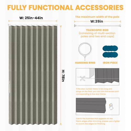 Image of AJAZZ 100% Blackout Accordion Doors Interior Invisible Folding Door for Bedroom Living Room Doorway Curtain Sets (1 Pack, 44 W x 78 L, Grey+Rod)