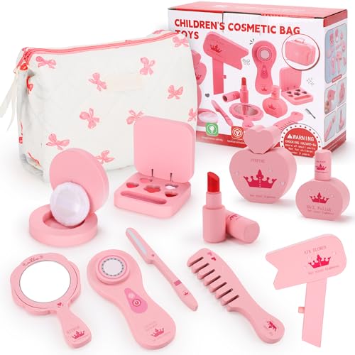 Elfcool Wooden Makeup Toy Set for Toddler Pretend Beauty Salon kit Play Makeup for Girls with Perfume, Brush, Mirror and Cosmetics Bag, Christmas Birthday Gift for Girls Kids Aged 3 4 5 6