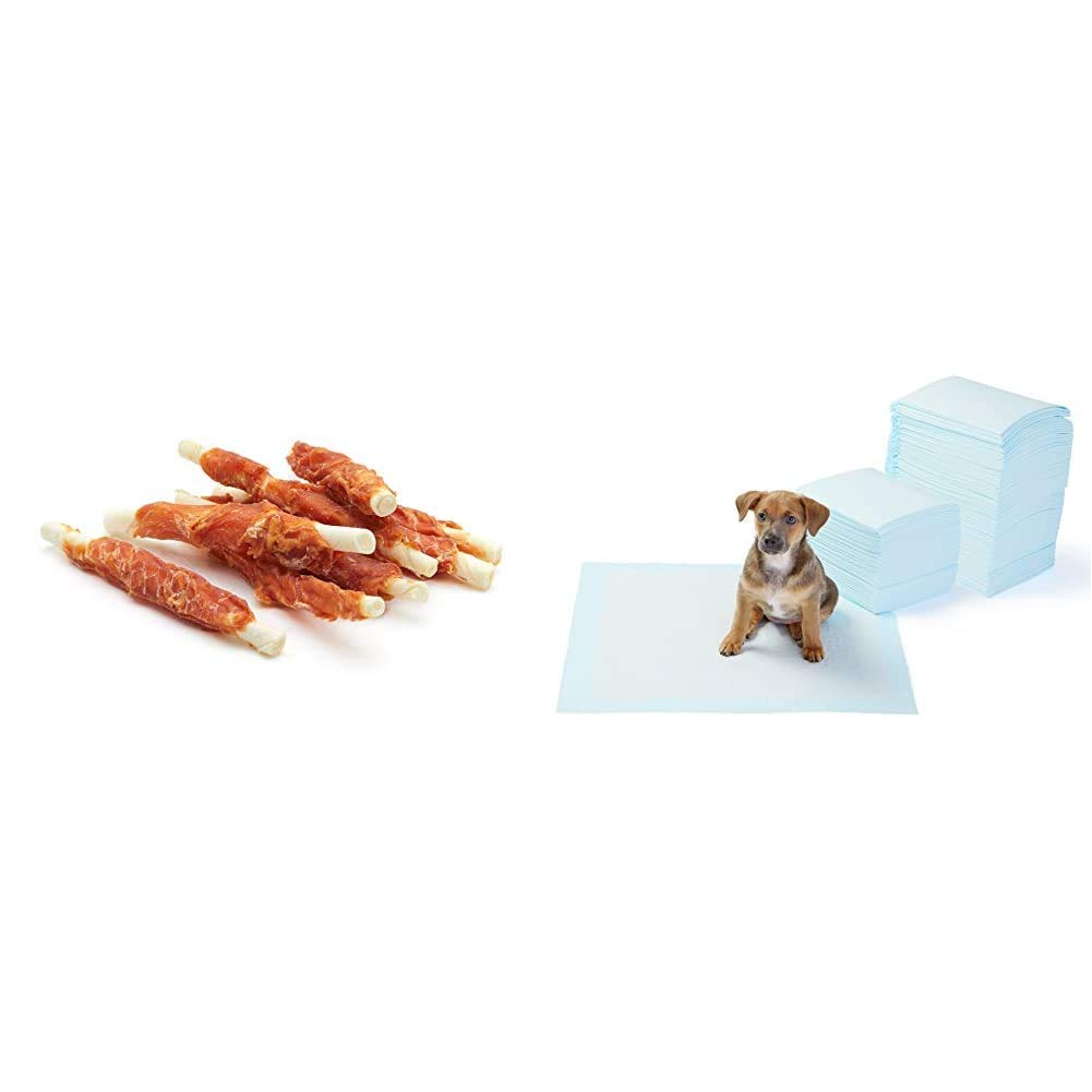 Frigera Snack Perro Palitos de Piel de Buey Enrollados con Pollo Deshidratado - 500 gr + Amazon Basics - Toallitas de entrenamiento para mascotas (tamaño regular, 150 unidades)