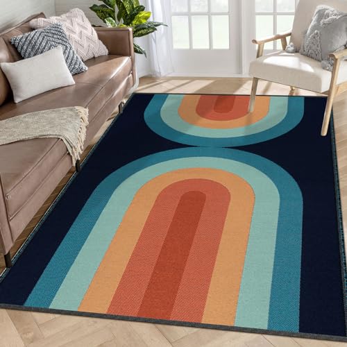 Lahome Boho Washable Playroom Rug - 4X6 Rug For Bedroom Ultra-Thin Rainbow Woven Living Room Rugs For Nursery, Cotton Reversible Kids Rug Bohemian Carpet For Office Dining Room cover