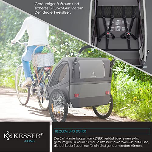 KESSER® Kinderanhänger Fahrradanhänger 360° Drehbar mit Federung 2in1 Joggerfunktion Kinderfahrradanhänger + 5-Punkt Gurt Jogger Fahrrad Anhänger für 1 bis 2 Kinder max. 40kg Inkl. Warnfahne Hellgrau