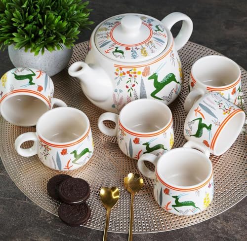 Image of Dmrd Mart-Handcrafted Ceramic Stag 7Pc Tea Cup Set with Kettle Safe 6 Cups 1 Kettle | Tea Pot Set 1000Ml Ceramic Porcelain Cup Set of 6 Perfect for Serving Coffee Green Tea. (Dear Print Green)
