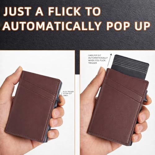 Image of VOGARD Pop-Up Card Holder for Men, RFID Blocking Slim Aluminium Case with Premium PU Leather, Automatic Card Ejector, Front Pocket Design (Brown)