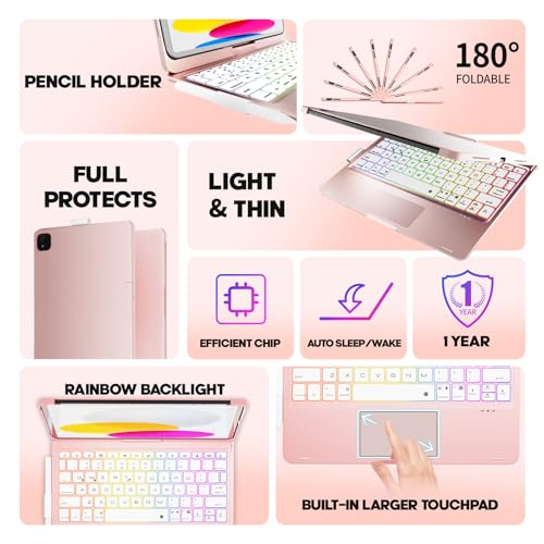 Image of NOKBABO for iPad 10th 11th (A16) Generation Case with Keyboard, iPad Air 11 inch case (M4 /M3 /M2), Keyboard for iPad Pro 11 (4th /3rd /2nd /1st) & iPad Air 5 /4, Trackpad, 360 Swivel, Backlit-Bright Pink