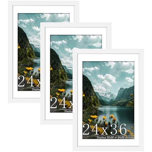 Picrit 24x36 Picture Frame 3 Pack, White Poster Frame, Display Poster 20 x 30 with Mat or 24 x 36 without Mat for Horizontal or Vertical Wall Mounting