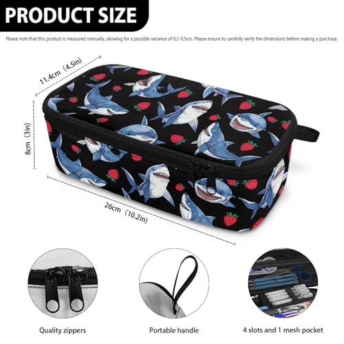 Image of Kids Pencil Case Shark Strawberries Pencil Pouch Large Storage,Black Pencil Bag for Boys Girls Lightweight Pencil Container for Preschool Elementary Children Pencil Box for Daily Study