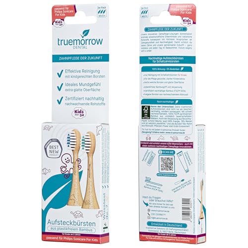 truemorrow Nachhaltige Ersatzbürsten aus Bambus für Philips Sonicare Kids Schallzahnbürste | 2er Set | plastikfreier biologisch abbaubarer Griff | vegan | Weiche Borsten – Bild 6