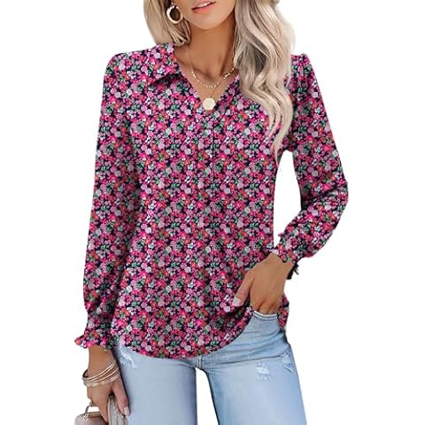 LUYAA Tunic Tops For Women Loose Fit Dressy Fall Long Sleeve Floral Printed V-Neck Blouses Casual Ladies Collared Business Work Shirts Winter Trendy Cover