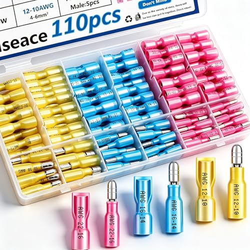 smseace 110PCS Heat Shrink Bullet Connectors Assortment Kit 22-10AWG Waterproof Bullet connectors Heat Shrink Female&Male Terminal for Automotive Boat Stereo Industrial Equipment