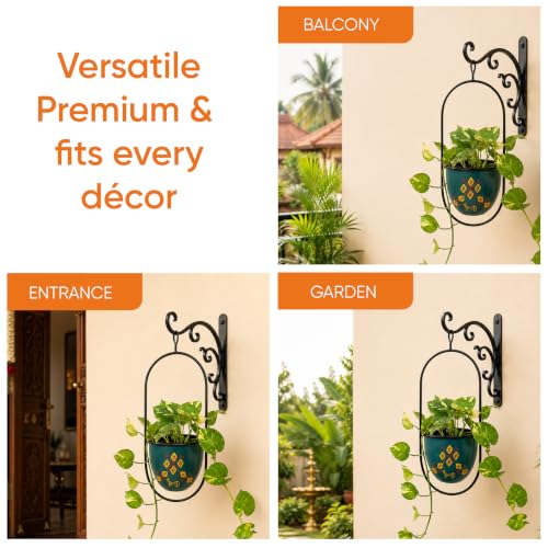 Image of AAKRITI ART CREATIONS Metal Hanging Planter | Handpainted Planter, Modern Art, Blue Glossy Finish | Outdoor & Indoor Home Decor Items | Room Decoration Artifacts, Flower Pots for Living Room