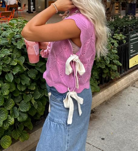 Image of Women Side Tie Sweater Vest Scallop Trim Mock Neck Knit Vest Bow Lace Up Ribbon Sweater Tank Top Knitwear