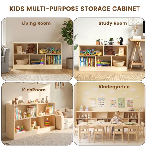 Image of Solid Rubber Wood Kids Storage Cabinet, 5-Section Toddler Montessori Bookshelf, Kids Organizer for Classroom, Playroom, Kindergarten, Medium Size