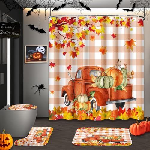 Artsocket TCL2405212001-YS4 Red Retro Truck Bathroom Set With Shower Curtain And Rug And Accessories, Vintage Car Thanksgiving Fall Shower Curtain Set thumb #4