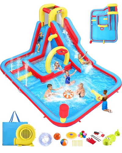 Whubefy Big Inflatable Water Slide for Kids Backyar 13.2x10FT Waterslide Bounce House Obstacle Course, 3 Pool Fountain, Splash Pool, Deep Pool Sprinkler, Blow Up Water Slides Park for Kids Party Gift