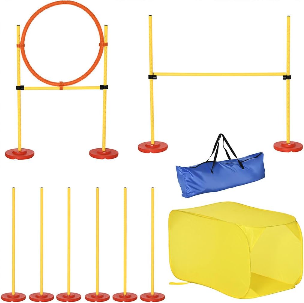 4 Piece Dog Training Equipment, Dog Course Equipment with Adjustable Height Jump Bars Portable Dog Training Equipment with Included Carry Bag and Tunnel for Dog Agility Course(Yellow)