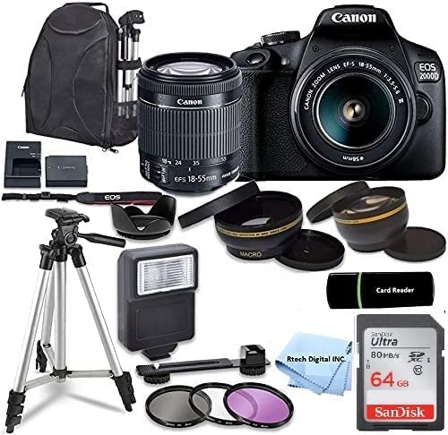 Canon Intl. Canon EOS 2000D / Rebel T7 DSLR Camera with EF-S 18-55mm Zoom Lens + SanDisk 32GB Memory Card + Tripod + Case + Wideangle Lenses + Rtech Digital Cloth (20pc Bundle), Black, cn2000d Bundle