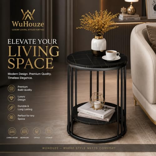Image of Modern Double-Top Coffee Table with Rustic Farmhouse Accent, Multipurpose Living Room Bedroom, Two-Tier Small Sofa Side Bedside Table with Metal Frame Nightstand (Full Black)