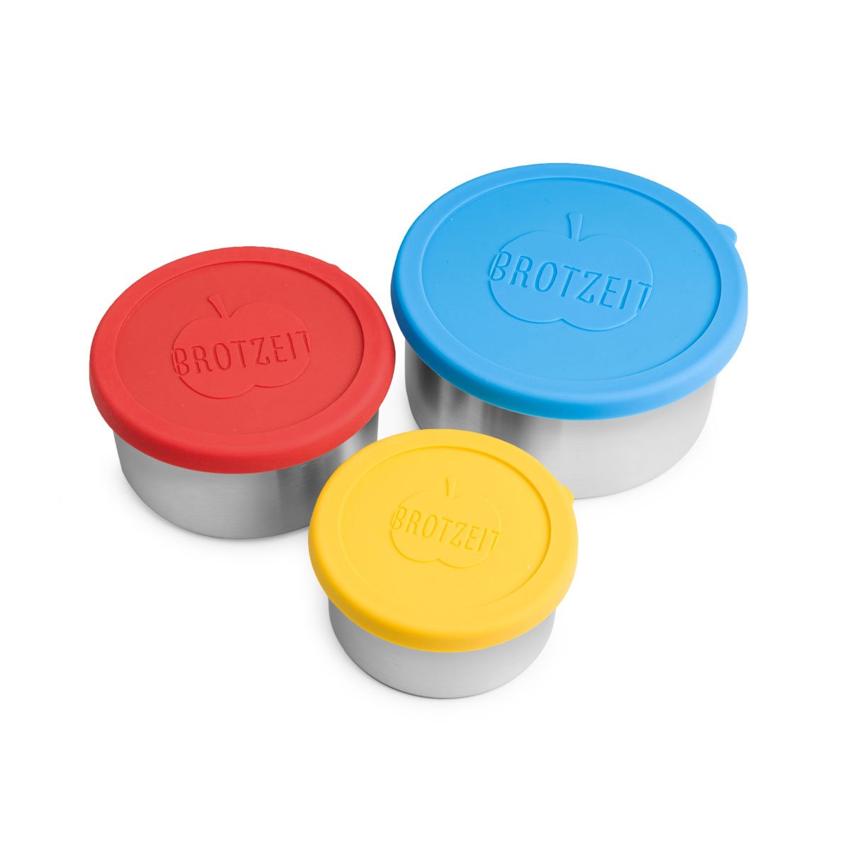Brotzeit Dreierlei Lunchbox 3er Set aus Edelstahl mit Silikondeckel, Rot/Blau/Gelb, 13 x 13 x 6 cm