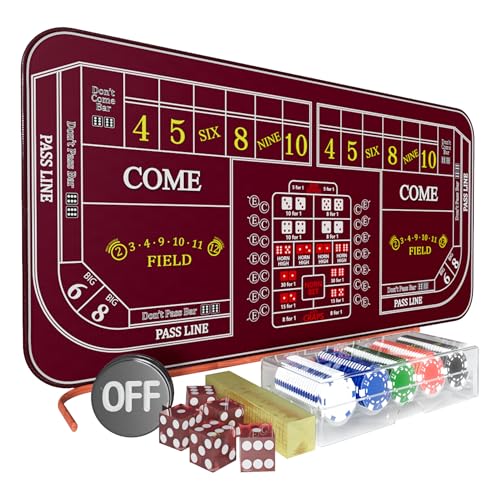 iEsstros Double Dealer Craps Table Top Set Craps 70" x 35" Craps Table Top Mat with 5 Casino Dice Casino Craps Stick 100 Poker Chips Craps ON/Off Poker Button Storage Bag-Red