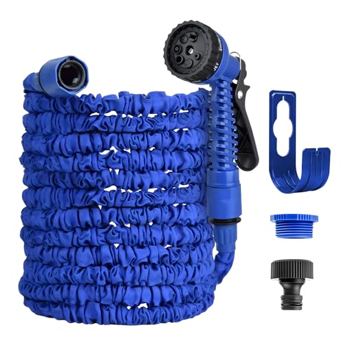 Expandable Garden Hose Pipe, Flexible Water Hose with 7-Pattern Spray Nozzle Leak-Proof Retractable Heavy Duty Hose Pipe with 3/4", 1/2" Fittings for Gardening Car Washing (50FT)