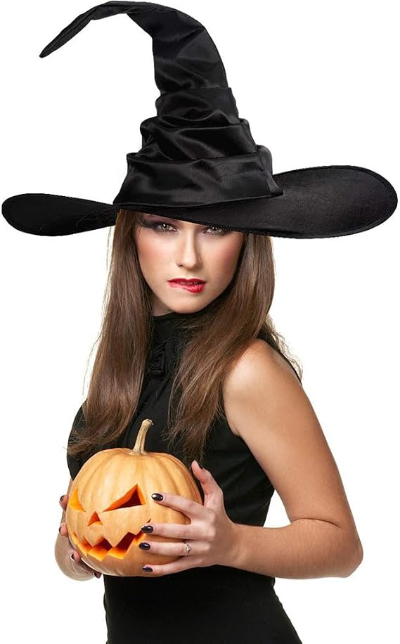 Halloween Women Witch Hat Ruched Cone Wizard Cap Wide Brim Wicked Witch Hat for Cosplay Party Costume Accessory