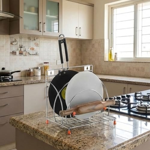 Image of Stainless Steel 4-in-1 Chakla Belan Tawa Chimta Stand | Wall Mounted Kitchen Organizer Rack for Rolling Pin Board Tong & Tawa | Space Saving Corner Shelf