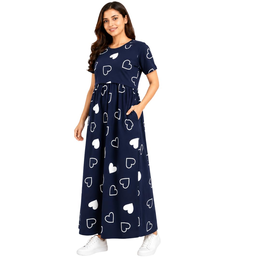 Zipless Maternity Feeding Dress | Zipless Nursing Dress for Women | Soft Cotton Lounge & Outdoor Wear | Pregnancy & Feeding Friendly Maxi Dress with Pockets