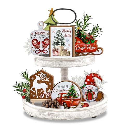 Guoofu 11 Pcs Merry Christmas Tiered Tray Decor, Farmhouse Xmas Tree Gnome Truck Reindeer Sleigh Wood Decorations Set, Winter Holiday Mitten Rustic Wooden Decorative Signs for Home Table Shelf