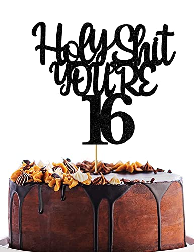 Holy Shit You&rsquo;re 16 Cake Topper 16th Birthday Cake Toppers Decorations for Boys Girls Glitter Black Doubled Sided Funny 16th Happy Birthday Decorations Cheers to 16 Years Party Supplies