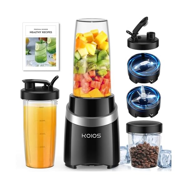KOIOS Blender for Smoothies, 1000W Personal Blender and Grinder Combo for Kitchen with 2x27oz Portable Smoothie Cups with To-Go Lids 12oz Coffee Cup with Seal Cover Non-BPA for Baby Food, Ice Drinks