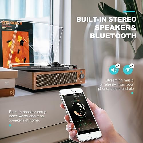 Image of Vintage Record Players for Vinyl with Speakers Belt-Driven Retro Turntable LP Player Support 3-Speed, Bluetooth Playback, AUX-in, Headphone, RCA All-in-one Auto Stop Phonograph Wooden Brown