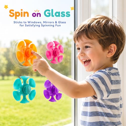 Kiditos Suction Cup Spinner Toys, 4 Pack Sensory Fidget Toys for Toddlers, Kids & Adults, Screen-Free Stick and Spin Toy for Window, Table, Bathtub, Car Rides, Travel, Office Desk, Party Play - Image 2
