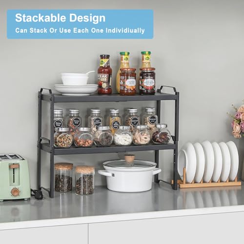 Image of X-cosrack 25.5 Inches 2 Pack Expandable Cabinet Shelves, Stackable Shelf Organizer for Kitchen Cabinet Countertop Storage, Adjustable Counter Cupboard Pantry Organizer Shelf Rack Stand Riser, Black