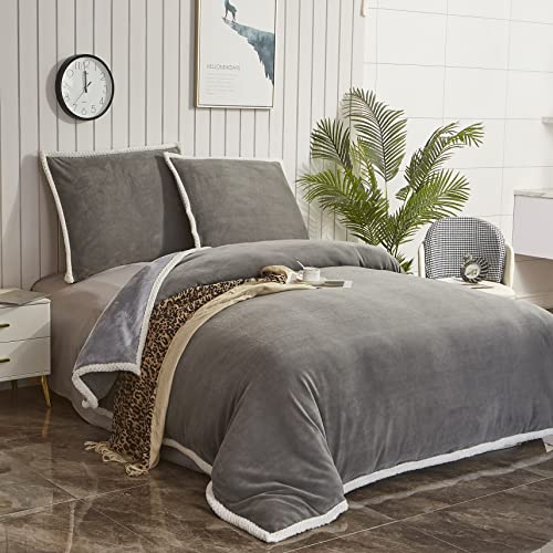 Winter Bettwäsche 200x200cm Biber warme Winter Wende Plüsch,Multifunktionale kann als Kuscheldecke, Cashmere Touch Coral Fleece, Farbe:Anthrazit/Grau, mit Reißverschluss und 2x80x80cm Kissenbezug Cover