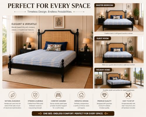 Image of Solid Sheesham Wood Poster King Size Poster Honeymoon Bed Without Storage with Designer Piller and Cane Crafting